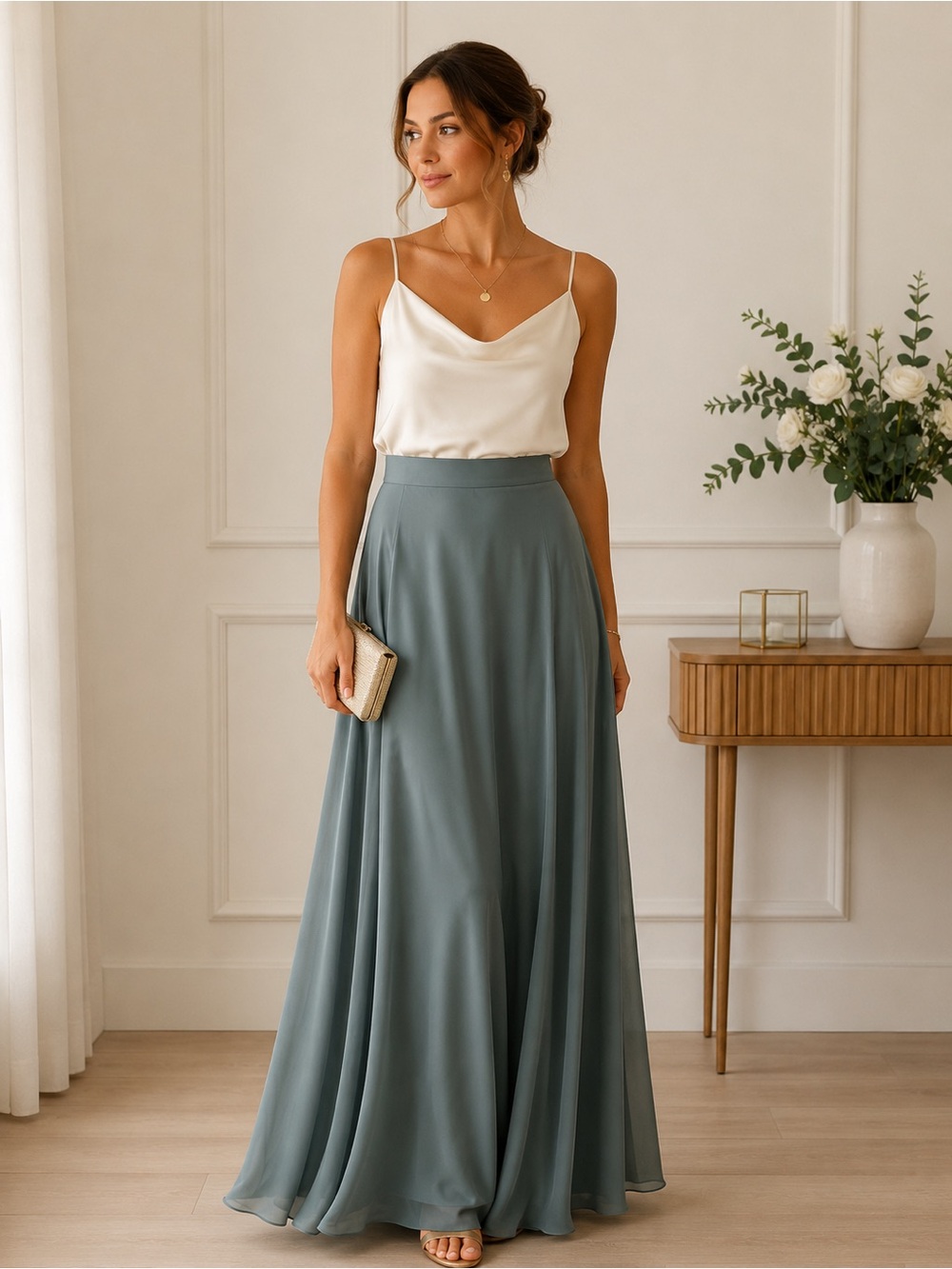Tulle & Chantilly Slate Green Maxi Skirt with High Waist